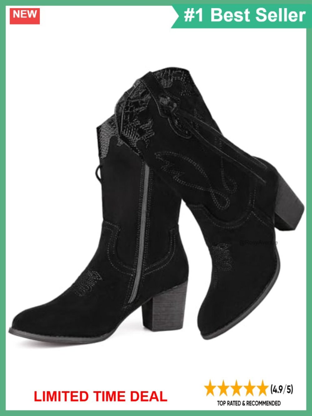 Suede Western Mid Calf Cowgirl Boots Round Toe Side Zipper Faux Fur Lined